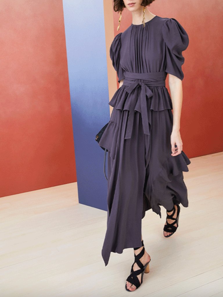 $645 Ulla Johnson Gray Lisbet Maxi Smocked Belted Long Dress Size 8
